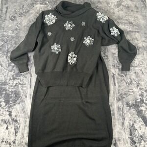 Lady Darian Sweater Skirt Set Womens 2X Black Beaded Snowflake Turtleneck Knit